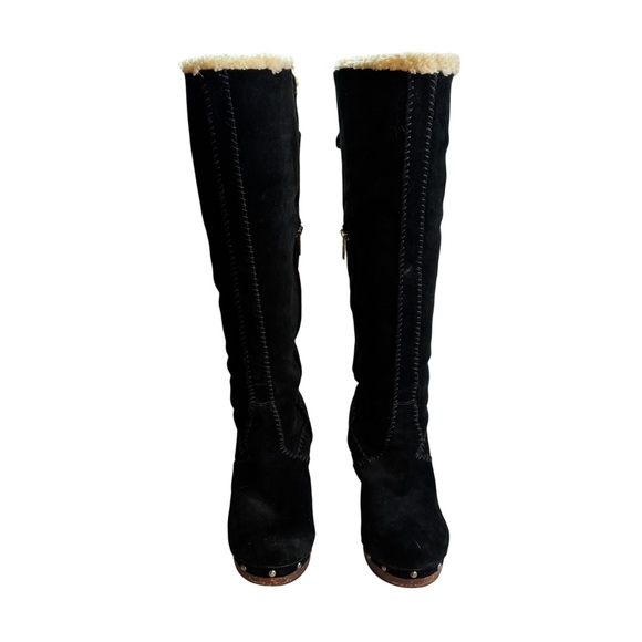 UGG Women’s Black Suede Shearling Lined Heeled Knee High Boots Size 8 - Picture 3 of 13